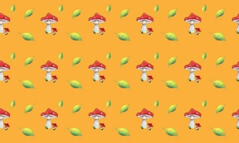 Seamless pattern watercolor Fly agaric and leaves on orange background. Stock Illustration