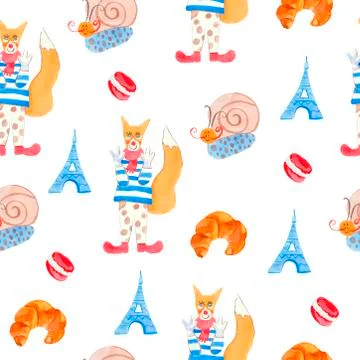 Seamless pattern watercolor French hand drawn in orange,blue,red colors. Stock Illustration