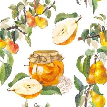 Seamless pattern of watercolor fruit pear branch and jam isolated on white Stock Illustration