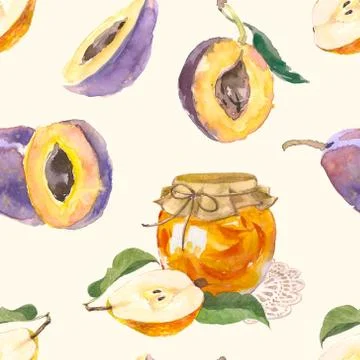 Seamless pattern of watercolor fruit plum branch and pear jam isolated on light Stock Illustration