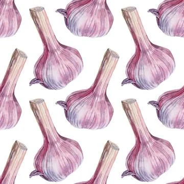 Seamless pattern watercolor garlic isolated on white background. Hand-drawn Stock Illustration