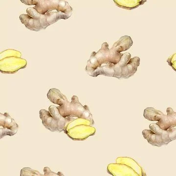 Seamless pattern with watercolor ginger root on light background, suitable for 스톡 일러스트