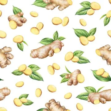 Seamless pattern with watercolor ginger roots with slices and green leaves 库存插图