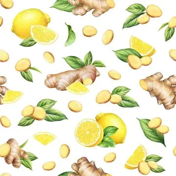 Seamless pattern with watercolor ginger roots, lemons and green leaves Stock Illustration