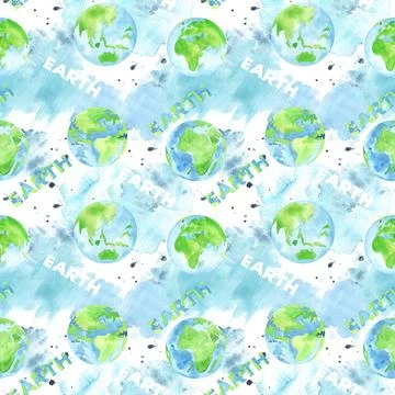 Seamless pattern with watercolor globe and slogan. Environmental conservation Stock Illustration