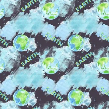 Seamless pattern with watercolor globe and slogan. Environmental conservation Stock Illustration