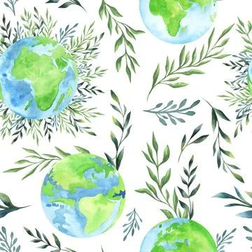 Seamless pattern with watercolor globe and slogan. Environmental conservation Stock Illustration