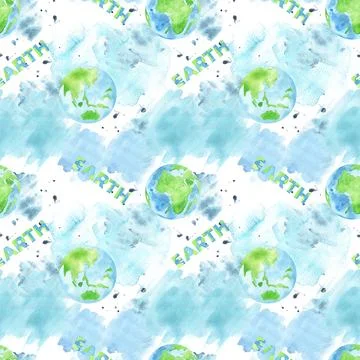 Seamless pattern with watercolor globe and slogan. Environmental conservation Stock Illustration
