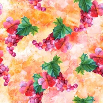 Seamless pattern with watercolor grape vine and rose Stock Illustration