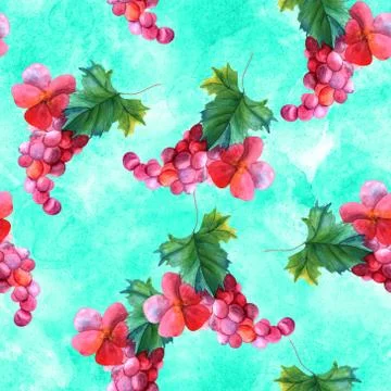 Seamless pattern with watercolor grape vine on teal Illustrazione stock