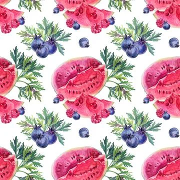 Seamless pattern watercolor hand drawn slice of watermelon, blueberries Stock Illustration