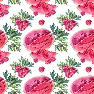 Seamless pattern watercolor hand drawn slice of watermelon, raspberries, green Stock Illustration