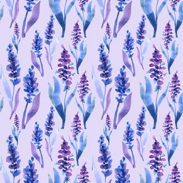 Seamless pattern watercolor hand-drawn blue and purple abstract lavender with Stock Illustration