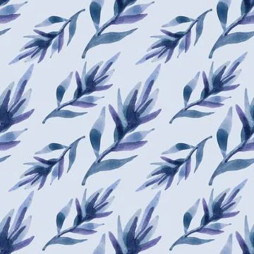 Seamless pattern watercolor hand-drawn blue and purple abstract foliage branch Stock Illustration