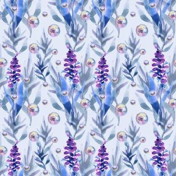 Seamless pattern watercolor hand-drawn blue and purple abstract lavender with Stock Illustration