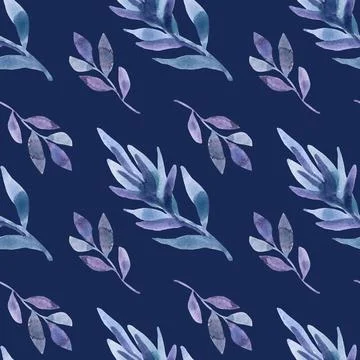 Seamless pattern watercolor hand-drawn purple foliage branch leaves on dark blue Stock Illustration
