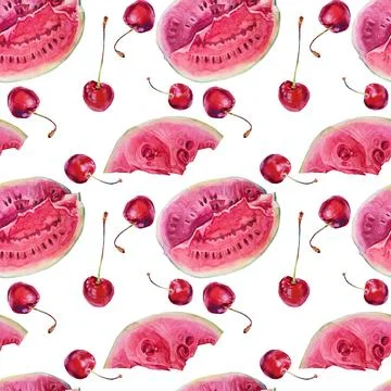 Seamless pattern watercolor hand-drawn slice of watermelon and cherry on white Stock Illustration