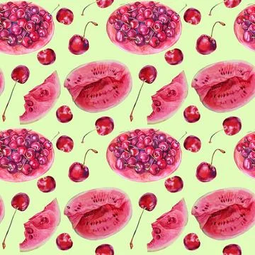 Seamless pattern watercolor hand-drawn slice of watermelon and cherry with plate Stock Illustration