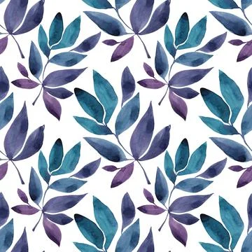 Seamless pattern watercolor hand-drawn blue abstract branch with leaves on white Stock Illustration
