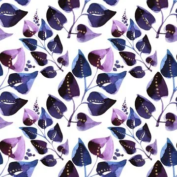 Seamless pattern watercolor hand-drawn blue abstract branch with leaves on white Stock Illustration
