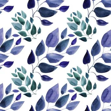 Seamless pattern watercolor hand-drawn blue abstract branch with leaves on white Stock Illustration