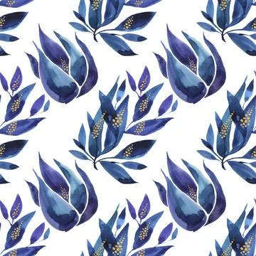 Seamless pattern watercolor hand-drawn blue abstract bud flower on white. Art Stock Illustration