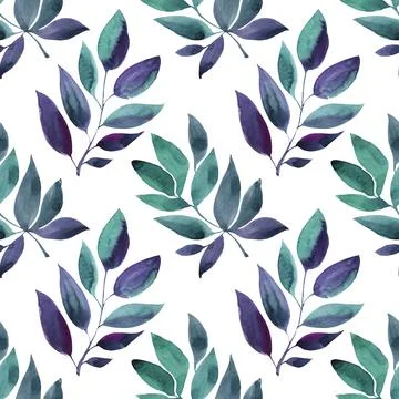 Seamless pattern watercolor hand-drawn blue abstract branch with leaves on white Stock Illustration