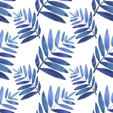 Seamless pattern watercolor hand-drawn blue abstract branch with leaves fern on Stock Illustration