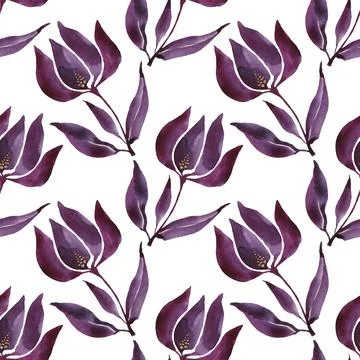 Seamless pattern watercolor hand-drawn blue abstract bud flower on white. Art Stock Illustration