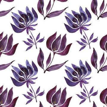 Seamless pattern watercolor hand-drawn blue abstract bud flower on white. Art Stock Illustration