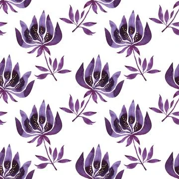 Seamless pattern watercolor hand-drawn blue abstract bud flower on white. Art Stock Illustration