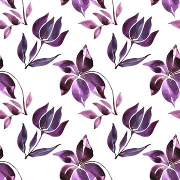 Seamless pattern watercolor hand-drawn blue abstract bud flower on white. Art Stock Illustration