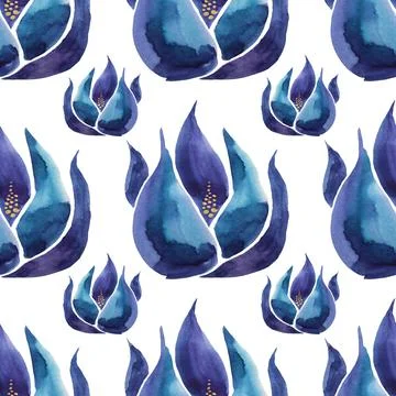 Seamless pattern watercolor hand-drawn blue abstract bud flower on white. Art Stock Illustration