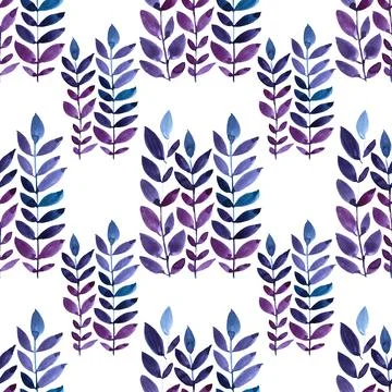 Seamless pattern watercolor hand-drawn blue abstract branch with leaves on white Stock Illustration