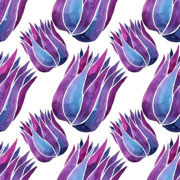 Seamless pattern watercolor hand-drawn blue abstract bud flower on white. Art Stock Illustration