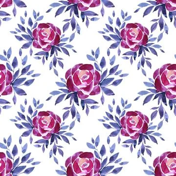 Seamless pattern watercolor hand-drawn pink peony or rose flower with blue Stock Illustration