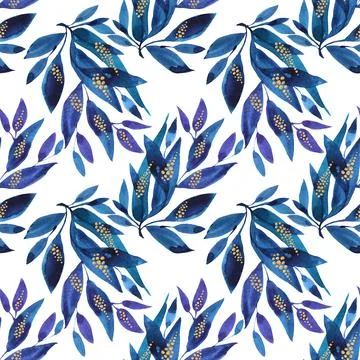 Seamless pattern watercolor hand-drawn blue abstract branch with leaves on white Stock Illustration