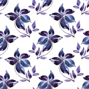 Seamless pattern watercolor hand-drawn blue abstract bud flower on white. Art Stock Illustration