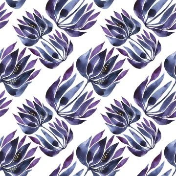Seamless pattern watercolor hand-drawn blue abstract bud flower on white. Art Stock Illustration
