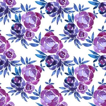 Seamless pattern watercolor hand-drawn purple peony or rose abstract flower with Stock Illustration