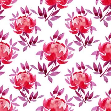 Seamless pattern watercolor hand-drawn pink peony or rose abstract flower with Stock Illustration