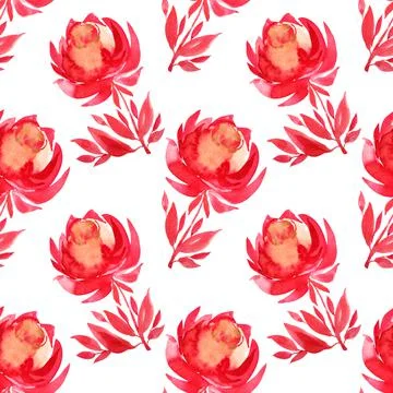 Seamless pattern watercolor hand-drawn red peony or rose abstract flower with Illustrazione stock