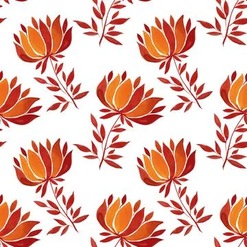 Seamless pattern watercolor hand-drawn orange and red flower chrysanthemum or Stock Illustration
