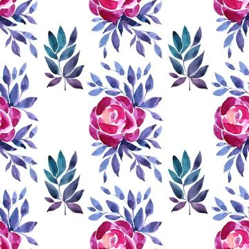 Seamless pattern watercolor hand-drawn pink peony or rose abstract flower with Stock Illustration