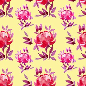 Seamless pattern watercolor hand-drawn pink peony or rose abstract flower with Stock Illustration