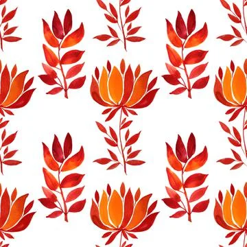 Seamless pattern watercolor hand-drawn orange and red flower chrysanthemum or Stock Illustration