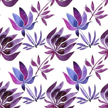 Seamless pattern watercolor hand-drawn blue purple abstract bud flower on white Stock Illustration