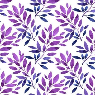 Seamless pattern watercolor hand-drawn blue purple abstract bud flower leaves on Stock Illustration