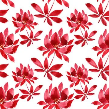 Seamless pattern watercolor hand-drawn red flower chrysanthemum or lily and Stock Illustration