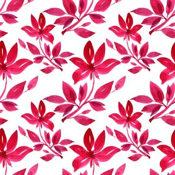Seamless pattern watercolor hand-drawn red flower chrysanthemum or lily and Stock Illustration